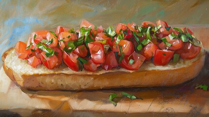 Aufkleber - Bruschetta with fresh tomatoes and herbs on toasted bread showcasing vibrant colors and appetizing texture perfect for culinary presentations
