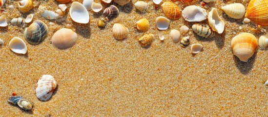 Aufkleber - Close-up of diverse seashells on golden sandy beach surface creating a serene coastal texture perfect for summer or vacation themes