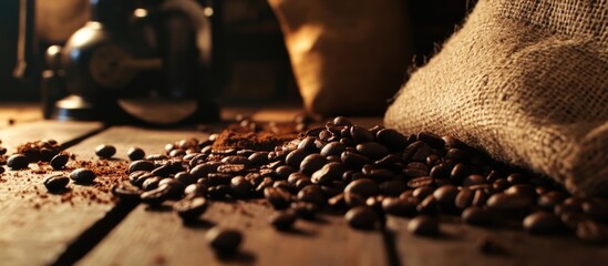 Poster - Freshly Roasted Coffee Beans Spilled on Rustic Wooden Table with Natural Light and Jute Bag in Background Showcasing Coffee Culture