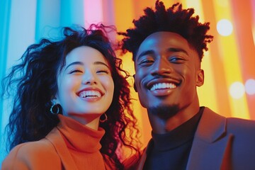 Poster - Moody Office Scene Asian Woman and Black Man in Warm Earth Tones Sharing Subtle Laughter - Business Creativity and Team Spirit Visual Content for Corporate Branding