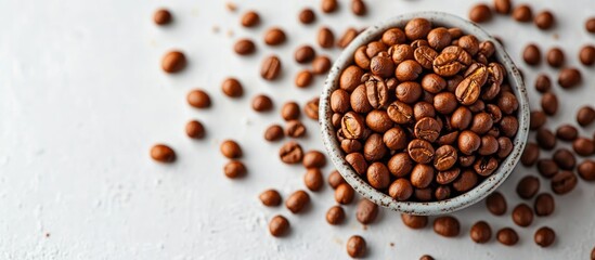 Aufkleber - Coffee beans in a rustic bowl with scattered beans on a textured white background for a cozy beverage or cafÃ© theme.