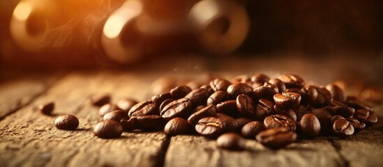 Aufkleber - Roasted coffee beans scattered on rustic wood surface with warm lighting for a cozy background ambiance