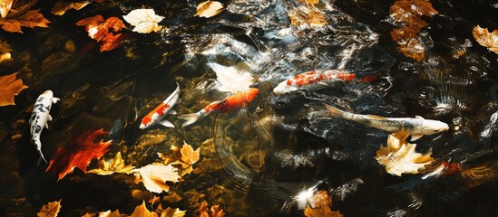 Aufkleber - Autumn river scene with colorful fish and fallen leaves creating a serene and picturesque natural environment.