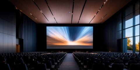 Aufkleber - Modern Ergonomic Conference Venue Stadium Seating with Power Outlets, Acoustic Panels and Multi-Screen Setup for Corporate Events - Sleek Business Facility Design
