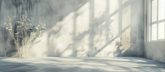 Wall Mural - Empty room with cement floor and gray concrete wall texture illuminated by sunlight creating soft shadows and a tranquil atmosphere