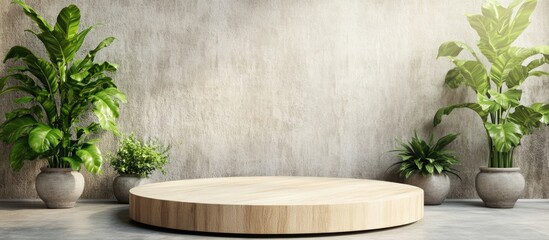 Aufkleber - Circular wooden display podium with potted plants against a textured cement wall providing ample space for product placement and text.