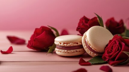 Aufkleber - Roses and macarons elegantly arranged on a wooden table with a soft pink background showcasing romantic dessert settings.