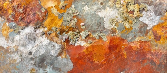 Sticker - Rugged rock surface adorned with colorful lichens showcasing natural textures and earthy tones for outdoor or nature-themed projects.