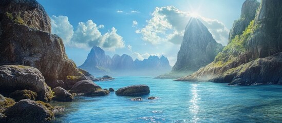 Aufkleber - Serene coastal landscape with rocky formations and mountains under a bright blue sky and gentle sunlight reflecting on calm waters