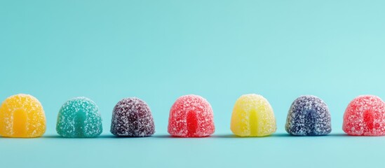 Poster - Colorful winter-themed candy arches in raspberry and blueberry flavors on a pastel blue background with space for text.