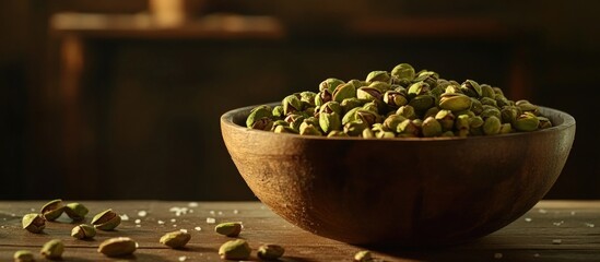 Aufkleber - Roasted salted pistachios in a rustic wooden bowl highlighting healthy snacking options and natural food presentation
