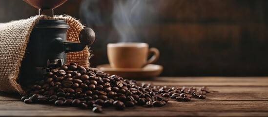 Poster - Roasted coffee beans spilling from a grinder with a steaming cup of coffee on a rustic wooden surface