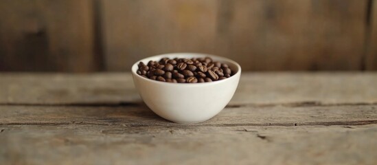 Aufkleber - Roasted coffee beans in a white bowl on a rustic wood table background showcasing warmth and inviting coffee culture.