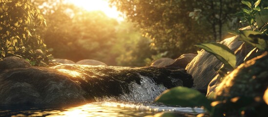 Aufkleber - Serene river landscape with sunlight filtering through trees highlighting rocks and gentle water flow in a tranquil natural setting