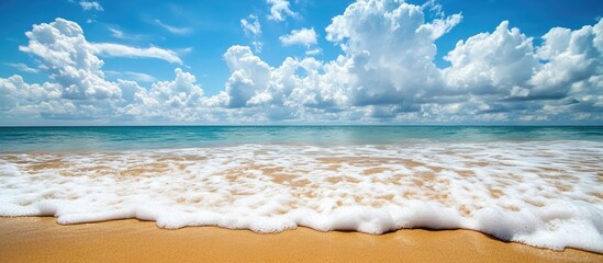 Aufkleber - Sandy Beach and Gentle Sea Waves Under Blue Sky with Fluffy Clouds in Phuket Thailand