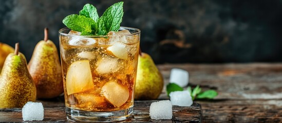 Aufkleber - Ripe pear cocktail with ice mint garnish on wooden background with empty space for text perfect for festive beverage promotions