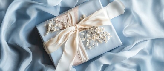 Aufkleber - Elegant gift box adorned with floral embellishments on a soft blue fabric background creating a romantic atmosphere.