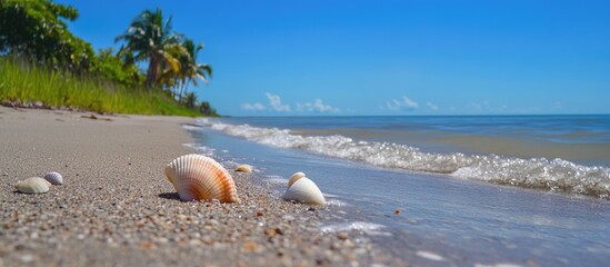 Poster - Tranquil beach scene with seashells and gentle waves under a clear blue sky surrounded by lush tropical vegetation.