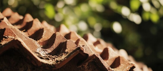 Aufkleber - Rustic terracotta roof tile with blurred greenery in the background showcasing texture and natural beauty of traditional architecture.