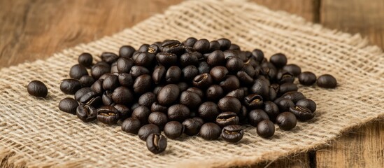 Poster - Roasted peaberry coffee beans scattered on burlap background showcasing rich texture and color for coffee lovers and enthusiasts