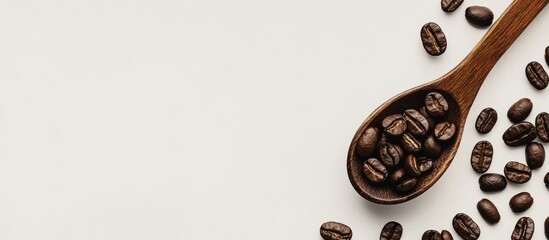 Poster - Roasted coffee beans on a wooden spoon with scattered beans against a clean white background showcasing freshness and quality.