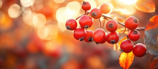 Aufkleber - Rose hip bush in autumn showcasing vibrant colors and sunlight illuminating ripe berries amidst a warm, natural background.
