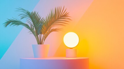Fototapete - Retro-Futuristic Workspace Decor Curved Desk and Geometric LED Lamp in Pastel-Metallic Hues - Modern Home Office Design for Contemporary Remote Work Culture