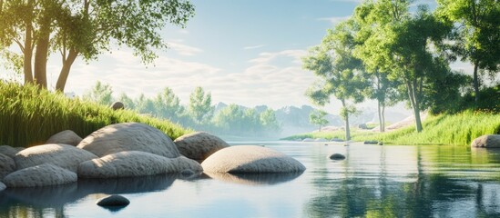 Aufkleber - Serene riverside landscape with smooth rocks and gentle water surrounded by lush greenery and soft sunlight illuminating the scene