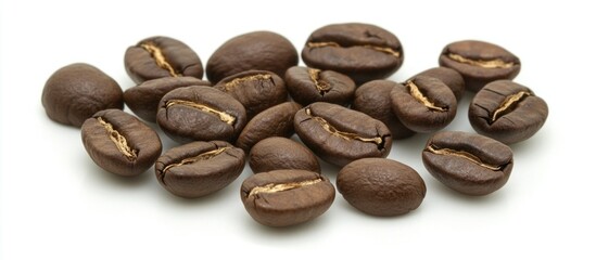 Aufkleber - Roasted coffee beans scattered on a clean white background showcasing their rich texture and aroma for coffee-related themes.