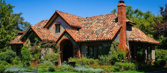 Poster - Charming tiled roof on a beautiful home surrounded by lush greenery and vibrant landscaping under a clear blue sky.