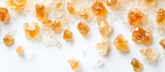 Aufkleber - Golden rock sugar crystals scattered on a white background showcasing their natural texture and color for culinary or decorative use.
