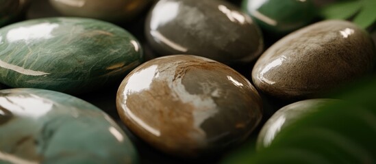 Aufkleber - Smooth river stones with natural patterns and colors arranged on a surface surrounded by greenery for a serene, tranquil atmosphere.