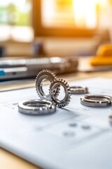 Fototapete - Industrial Chic Technical Workspace Precision Metal Components on Drafting Blueprint - Modern Engineering Content for Technical Education and Innovation Labs