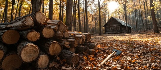 Poster - Autumn forest scene with stacked scrap lumber ready for firewood beside a rustic cabin in warm golden light