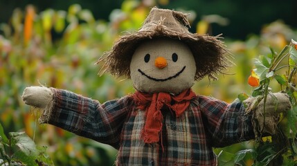 Poster - Scarecrow guarding autumn crops in vibrant agricultural field during harvest season