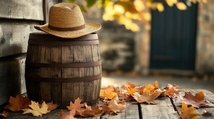 Poster - Rustic wooden barrel with straw hat surrounded by colorful autumn leaves on weathered wooden table in serene seasonal setting