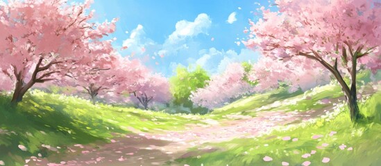 Canvas Print - Serene spring landscape with blooming cherry blossom trees and pink petals scattered on a vibrant green meadow under a clear blue sky