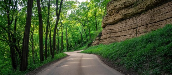 Poster - Winding forest road surrounded by lush greenery and a scenic loess wall along the roadside