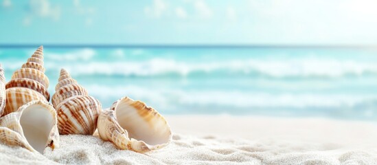Aufkleber - Colorful sea shells scattered on pristine white sand with gentle ocean waves in the background creating a serene coastal scene