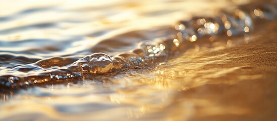 Aufkleber - Golden Sand Ripple Patterns with Soft Ocean Waves and Shimmering Light Reflections on Water Surface in a Serene Coastal Environment