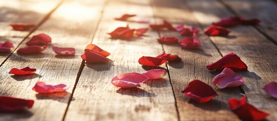 Aufkleber - Scattered red rose petals on a sunlit wooden surface creating a romantic and warm atmosphere for various design themes