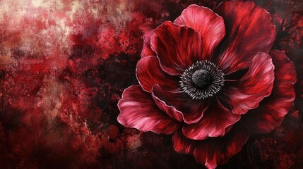 Aufkleber - Vibrant Ruby Red Flower with Velvety Petals Set Against a Rich Textured Background