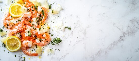 Aufkleber - Shrimp seafood carpaccio with lemon and parmesan on white marble background featuring blank space for text and design elements