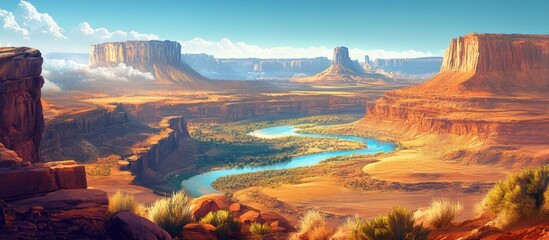 Aufkleber - Scenic canyon landscape featuring a winding river, rugged cliffs, and vibrant vegetation with space for text overlay in a desert environment.