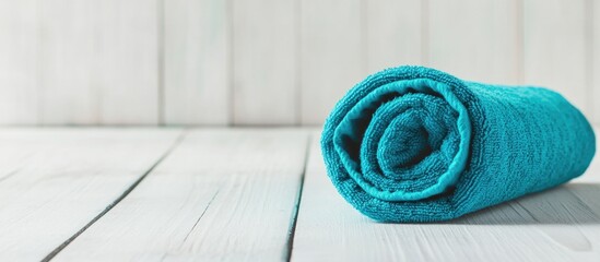 Poster - Turquoise rolled towel on a white wooden table showcasing soft cotton texture for bath or spa ambiance in home decor.