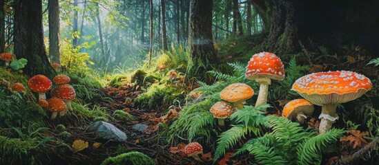 Poster - Enchanting forest landscape featuring vibrant mushrooms amidst lush ferns and dappled sunlight filtering through the trees.