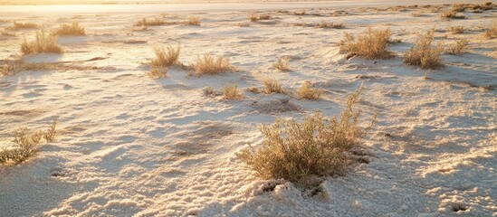 Poster - dry salt lake landscape with sandy shore and sparse vegetation illuminated by sunset light. natural 