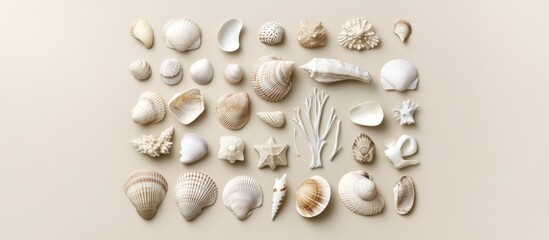 Aufkleber - Assorted sea shells arranged on a soft beige background showcasing their textures and natural beauty for decorative purposes.