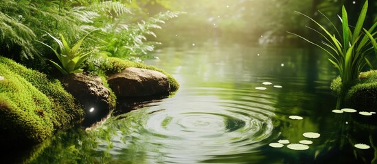 Aufkleber - Lush moss and aquatic plants in a serene pond reflecting nature's tranquility and purity in a vibrant green ecosystem.