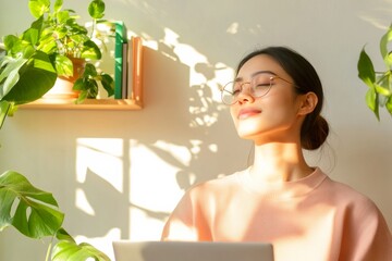 Aufkleber - Sunlit Minimalist Workspace South Asian Woman in Round Glasses in Greenery-Adorned Micro-Apartment - Remote Work and Urban Real Estate - Natural Serenity and Modern Efficiency